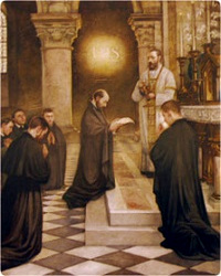 Ignace de Loyola à la crypte avec les compagnons, Simon Rodriguez, Francisco de Xavier, Diego Launez, Alfonso Salmeron, Nicolas de Bobadilla et Pierre Favre créent la première communauté en 1528.