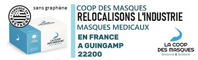 COOP DES MASQUES, RELOCALISION L'INDUSTRIE DE MASQUE EN FRANCE, BRETAGNE, GUINGAMP. Masques . Des masques chirurgicaux et FFP2 homologués et certifiés à destination de tous les professionnels, sans graphène