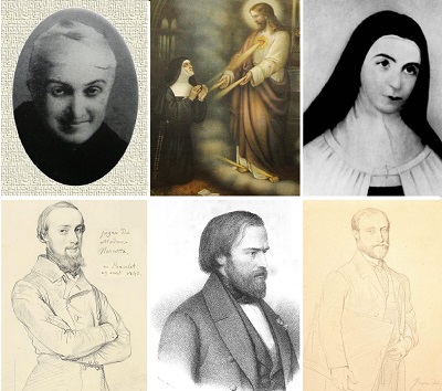 Portraits de Edith Royer, Sainte Marguerite à la Coque, Marie de Saint-Pierre. En dessous et de gauche à droite : Alexandre Legentil, Frédéric Ozanam, Hubert Rohault De Fleury..
