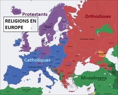 Les religions en Europe : Catholiques, Protestants, Orthodoxes, Musulmans. 