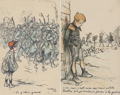 Les poilus de 14-18 partant à la guerre, les enfants restent et rêvent de faire la guerre.