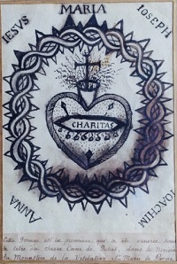 Coeur comme un trône de flammes lumineux surmonté d'une croix. Images du coeur de chair de Jésus. La couronne d'épines signifie nos péchés. Le coeur de Jésus se donne à l'humanité toure entière.