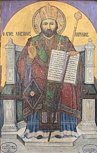Saint Barnabé est représenté avec l'Evangile de Luc. Il écrit un Epître. 